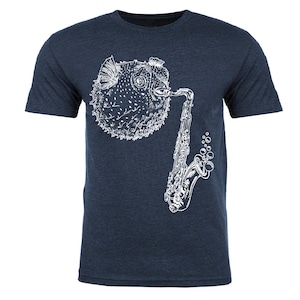 Blowfish saxofoon T-shirt - Unisex - heren T-shirt - muzikant cadeau - muziek - messing - musical - grappig T-shirt - jazz - heren T-shirt - muziekleraar