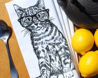Set of 4 Cloth Napkins - Cat Napkins - Cotton Dinner Napkins - Cat Decor - Cat Prints - Black Ink Print - Unique Wedding Gift Idea - Kitty