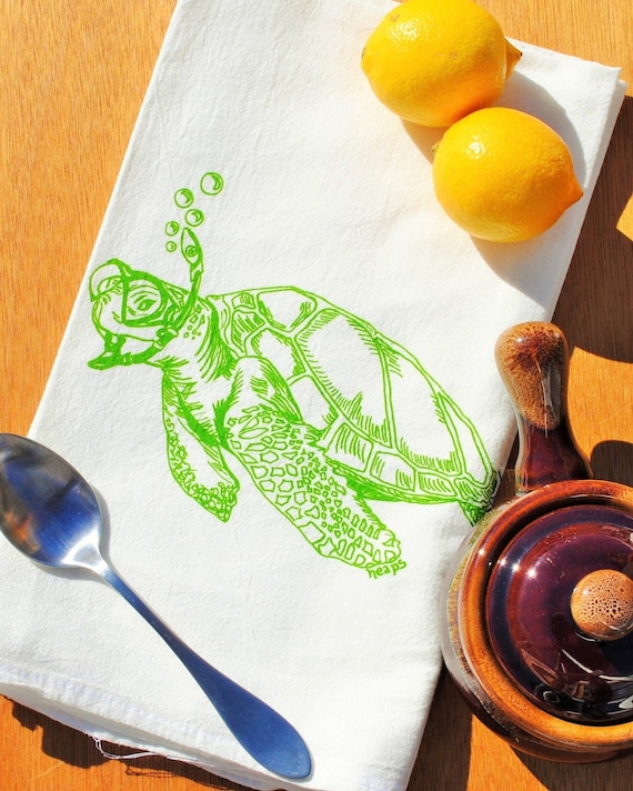 Green Turtle Kitchen Tea Towel - Screen Printed Flour Sack Tea Towel - Wedding Gift - Eco Friendly Kitchen Hand Towel - Coastal Beach Sea