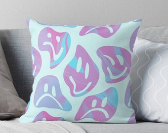 Happy/Sad melting smiley face throw pillow - blue, pink, orange, yellow, green or black