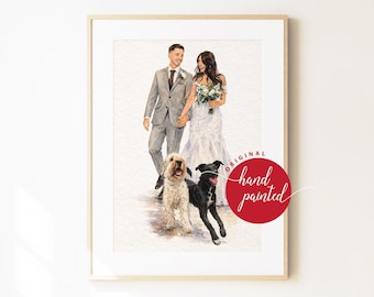 May include: A framed watercolour illustration of a couple in wedding attire walking with two dogs, one cream-coloured and one black. The person on the left wears a grey suit, and the person on the right wears a white lace gown. A red circular stamp reads "ORIGINAL hand painted".