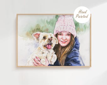 Retrato personalizado pintado a mano de mascota y dueño, pintura personalizada de perro y gato, regalo conmemorativo