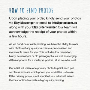 May include: An informational graphic with the heading HOW TO SEND PHOTOS in blue text. The body text provides instructions for submitting photos via Etsy Messenger or email to info@petpo.com.au, including details about hand-painted pet portraits.