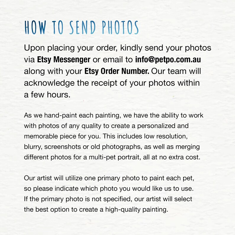May include: An informational graphic with the heading HOW TO SEND PHOTOS in blue text. The body text provides instructions for submitting photos via Etsy Messenger or email to info@petpo.com.au, including details about hand-painted pet portraits.