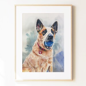 May include: A framed watercolor painting of a tan and white Australian Cattle Dog with black markings around the eyes and ears. The dog wears a red collar with a paw print tag and holds a blue ball in its mouth against a soft blue background.