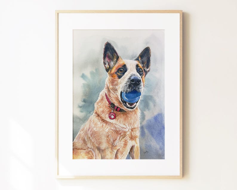 May include: A framed watercolor painting of a tan and white Australian Cattle Dog with black markings around the eyes and ears. The dog wears a red collar with a paw print tag and holds a blue ball in its mouth against a soft blue background.