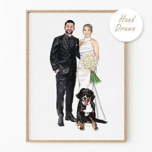 Custom Couple Portrait with Pet and Watercolor Portrait with Pet, Owner and Pet Drawing from Photo, Anniversary Gift, Couple and Pet