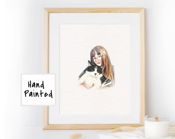 Custom Portrait with Pet, Owner and Pet Drawing from Photo, Watercolor Portrait with Pet, Pet family Drawing, Mini portrait