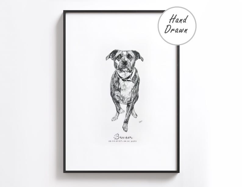 Puede incluir: Ilustraci&oacute;n dibujada a mano en blanco y negro de un perro llamado "Bruzer" con las fechas 08-04-2007-01-06-2021. La ilustraci&oacute;n est&aacute; enmarcada en un marco negro.