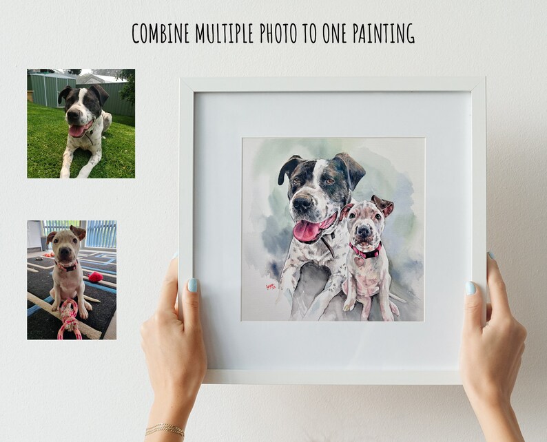 May include: A square white frame containing a watercolor painting of two dogs, one large and one small, based on two reference photos shown on the left. The text COMBINE MULTIPLE PHOTO TO ONE PAINTING is printed in black at the top of the image.