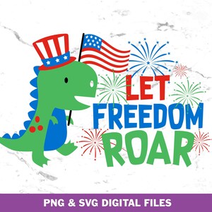 Pode incluir: Um dinossauro verde usando um chapéu vermelho, branco e azul segura uma faísca e fica na frente do texto "Let Freedom Roar" com fogos de artifício ao redor do texto.