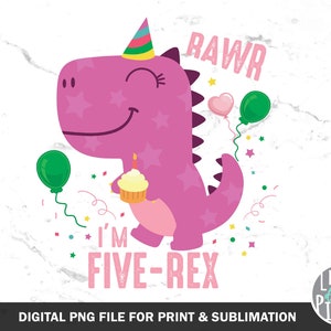 Girl Five Rex PNG,  Purple Birthday Dinosaur 3 Png,  3rd Dino Party Sublimation