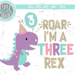 Girl Dinosaur SVG PNG Cut File, Girl Three Rex SVG, Girl Third Birthday Design File, Dinosaur 3rd Birthday File