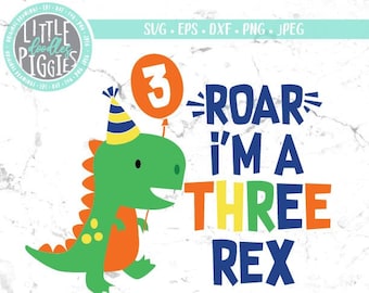 Three Rex SVG PNG Cut File, Dino 3 SVG, Dinosaur Third Birthday Design File, Dinosaur Birthday