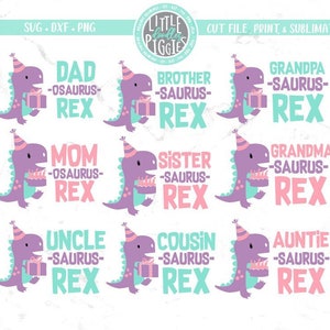 Pink Purple Dino Family bundle, Girl Dino Birthday Png Svg Sublimation