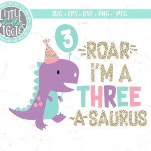 Girl Three A Saurus SVG PNG Cut File, Pink Purple Dinosaur Birthday Sublimation