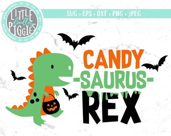 Candy Saurus Rex SVG | Cute Halloween Dinosaur Clipart | Trick or Treat Dino PNG | Kids Halloween Shirt Design