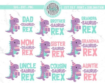 May include: A set of 12 digital cut files featuring a purple dinosaur holding a gift or cake. Each dinosaur has a different family member title, such as "Dad-osaurus Rex" or "Sister-saurus Rex".