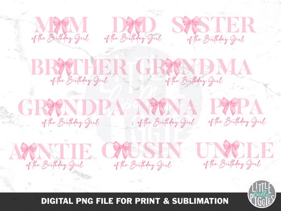 Pink Bow Family Bundle PNG, Coquette Family Birthday Digital Sublimation file