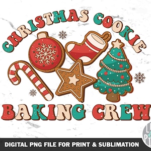 Op de afbeelding: Kerstkoekjes Bakken Crew-afbeelding met een rode en witte snoepstok, een rode en witte sok, een groene kerstboom, een peperkoek en een rode kerstbal met een sneeuwvlok.