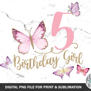 Butterfly Birthday 5 PNG, Butterfly Five Sublimation,  5th Birthday Butterfly Print file