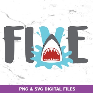 May include: A blue and white shark graphic with the word "FIVE" in gray text. The shark is in a blue water splash.