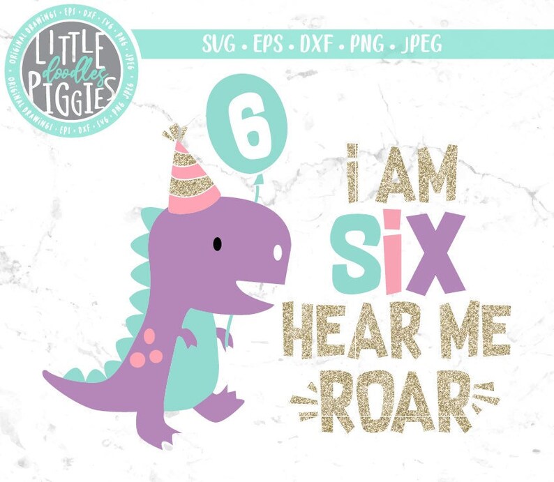Birthday Six Dinosaur Girl SVG PNG Cut File, Girl 6th Birthday Dino Design File, Glitter Dinosaur Birthday 6 Print file Sublimation image 1