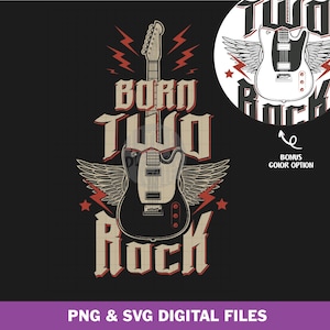 Może przedstawiać: Czarno-biały projekt graficzny przedstawiający gitarę z skrzydłami i tekstem "Born Two Rock".