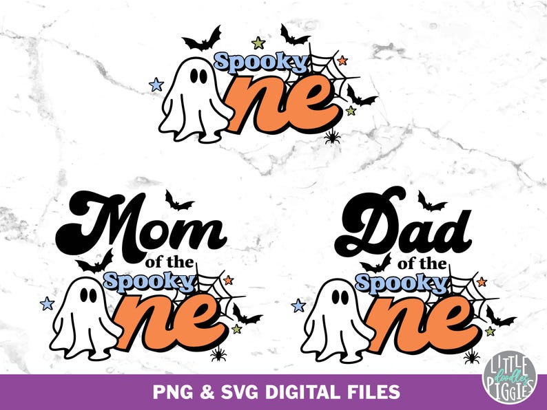 May include: A set of four digital files for a spooky Halloween design. The design features a ghost, a spiderweb, and the text "Spooky One". The text is in a retro font. The files are available in PNG and SVG formats.