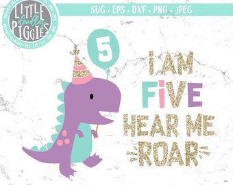 Fünf Dino Mädchen Geburtstag SVG, Dinosaurier 5. Geburtstag (Digitaler Download)
