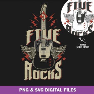 May include: A black and white graphic design of an electric guitar with wings and the text "Five Rocks".