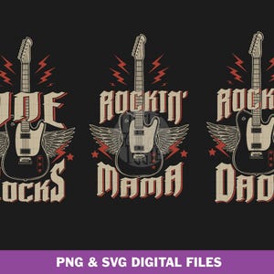 May include: Three digital designs featuring a vintage-style electric guitar with wings. The designs read "One Rocks", "Rockin' Mama", and "Rockin' Dada".