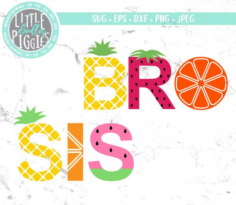 Op de afbeelding: Een kleurrijk grafisch ontwerp met de woorden "BRO SIS" in grote letters. De letters zijn versierd met fruitpatronen, waaronder ananas, watermeloen, aardbei en sinaasappel.
