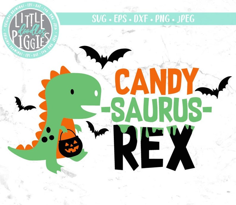 May include: Green dinosaur holding a jack-o'-lantern bucket with the text "CANDY -SAURUS- REX" in orange, green, and black.