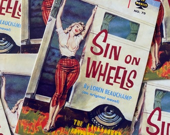 Sin on Wheels vintage Vinyl Sticker Erotic Retro Sexy Nude Pinup Art Print Trailer Redneck Redhead 50s 60s