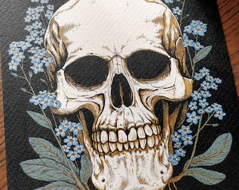 Forget Me Not - Signed A5 art print on textured paper. A human skull amongst nature. 14.8 cm x 21 cm. Halloween, macabre, goth, flowers