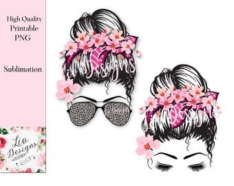 Pink Messy Hair Bun Girl with Leopard Print Sunglasses, Messy Hair Bun Sublimation PNG