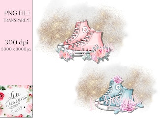 Cute Sneakers With Flowers and Glitter PNG Designs, Shoes Accessories Sublimation Clipart