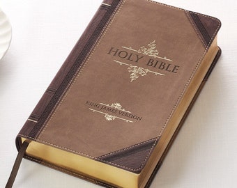 PERSONALIZED *** KJV Holy Bible, Dark Brown and Tan Faux Leather Bible w/Ribbon Marker, Red Letter Edition. *** Custom Name Imprint