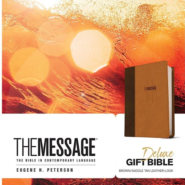 PERSONALIZED *** The Message Deluxe Gift Bible. Leather Brown/Tan. *** Custom Name Imprint