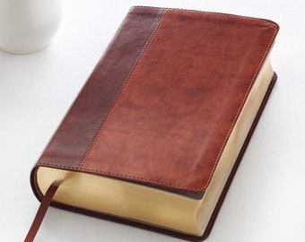 PERSONALIZED *** KJV Holy Bible, Giant Print Standard Bible, Two-Tone Brown Faux Leather Bible. *** Custom Name Imprint