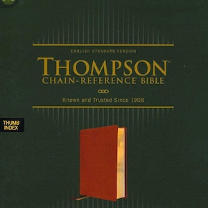 May include: A green cover with gold text that reads "English Standard Version Thompson Chain-Reference Bible Known and Trusted Since 1908". The cover has a vertical striped pattern. A red leather-bound bible is shown in the bottom center of the image.