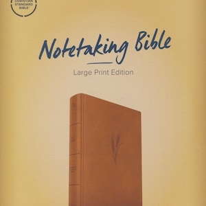 Op de afbeelding: Een bruine lederen Christian Standard Bible met de woorden "Notetaking Bible" en "Large Print Edition" op de kaft. De kaft heeft ook een ontwerp met een tarwehalm en de tekst "Camel LeatherTouch".