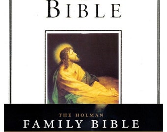 May include: A hardcover "Holy Bible" with the text "HOLY BIBLE" at the top. The cover features an image of Jesus and the text "THE HOLMAN FAMILY BIBLE". The book includes 560 pages, white imitation leather, and a padded cover.