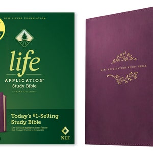 Biblia de estudio personalizada NLT Life Application - Tercera edición - Piel suave - Morado *** Impresión de nombre personalizada