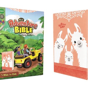May include: A pink and white children's Bible with a llama design on the cover. The title is "The Adventure Bible for Early Readers" and the subtitle is "#1 Bible for Kids".