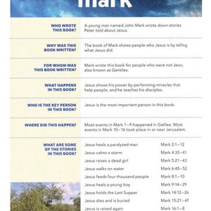May include: A colourful infographic about the Gospel of Mark, a book in the New Testament. The infographic includes questions about the book, such as who wrote it, why it was written, and what happens in the book. It also includes a list of some of the stories in the book, such as Jesus healing a paralysed man, calming a storm, and raising a dead girl. The infographic is illustrated with a photo of olive trees in a garden.