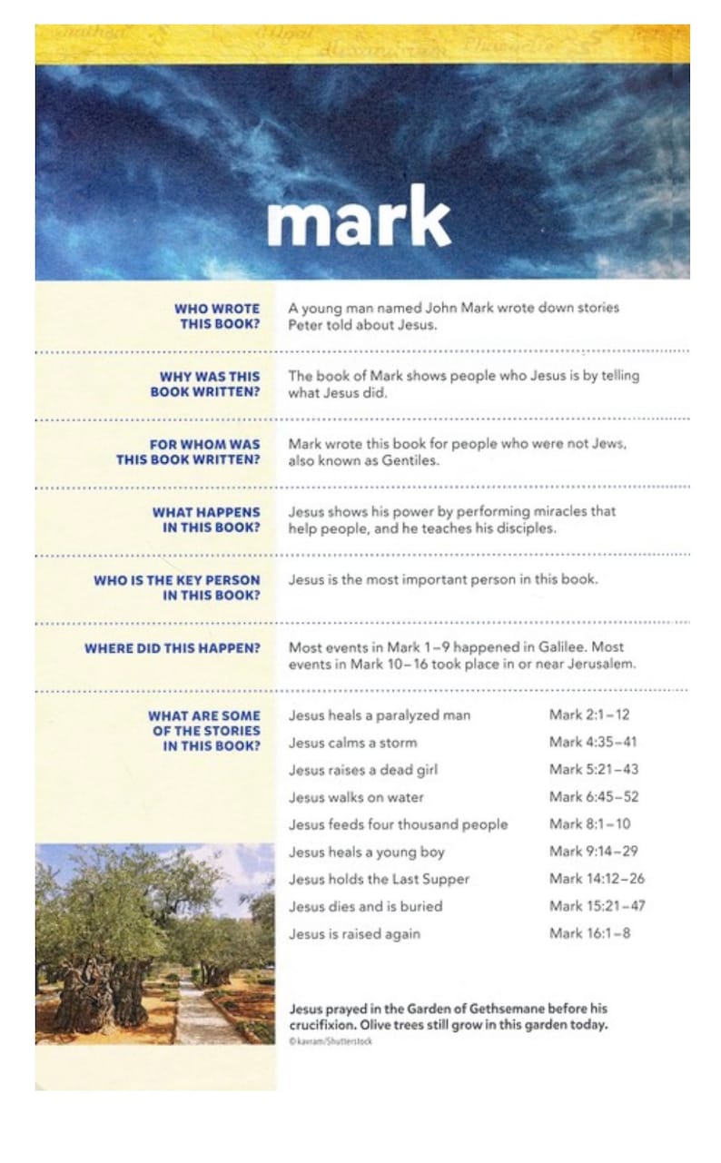 May include: A colourful infographic about the Gospel of Mark, a book in the New Testament. The infographic includes questions about the book, such as who wrote it, why it was written, and what happens in the book. It also includes a list of some of the stories in the book, such as Jesus healing a paralysed man, calming a storm, and raising a dead girl. The infographic is illustrated with a photo of olive trees in a garden.