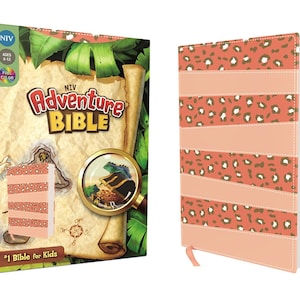 May include: A pink and orange Bible with a leopard print cover. The cover has a title that reads "NIV Adventure Bible" and the text "#1 Bible for Kids".
