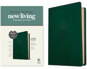 May include: A green leather-bound Holy Bible with the words "HOLY BIBLE" embossed in gold on the front cover. The cover features a mountain range design with a gold circle around the words "HOLY BIBLE". The Bible is part of the New Living Translation.